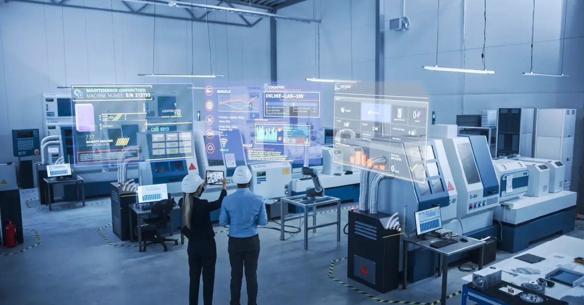 Two professionals in a digitally enhanced lean manufacturing facility, interacting with a holographic display that presents machine diagnostics and efficiency data.