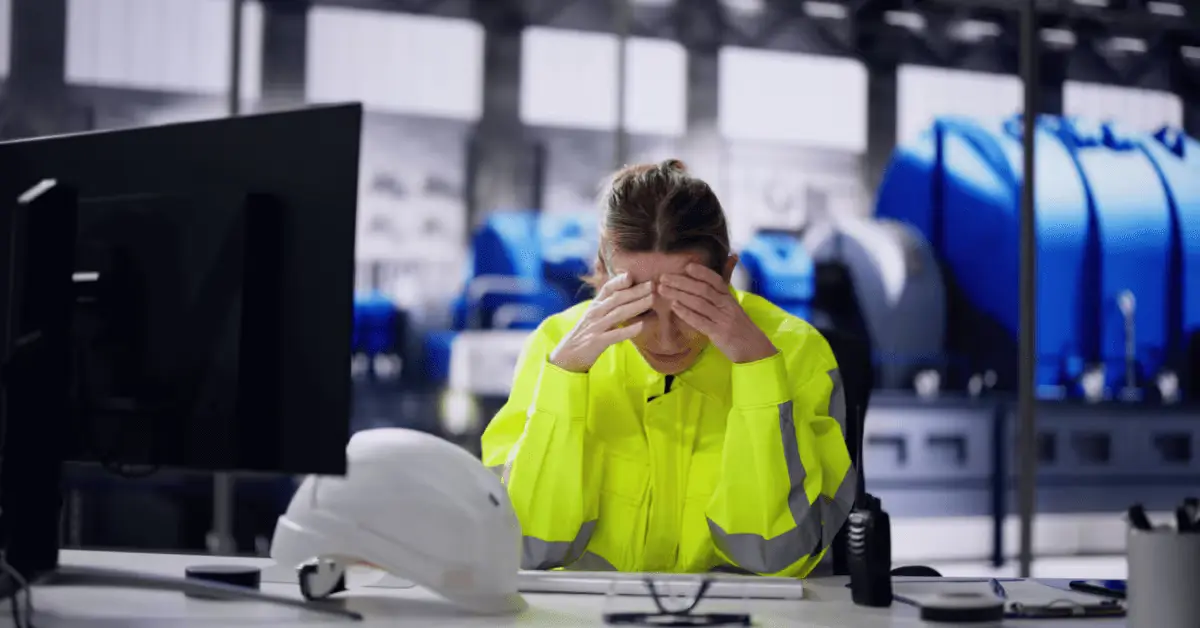 Manufacturing employee showing signs of audit fatigue during compliance review at desk with safety gear