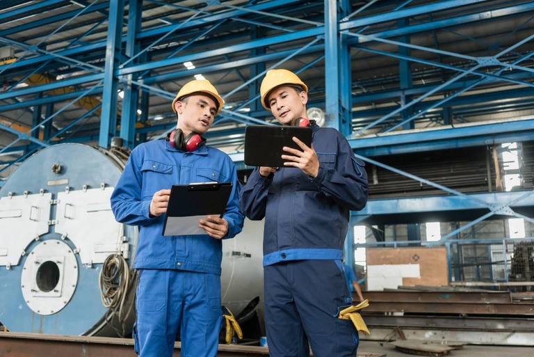 Two team members looking at a Gemba Walk Checklist with EASE.io