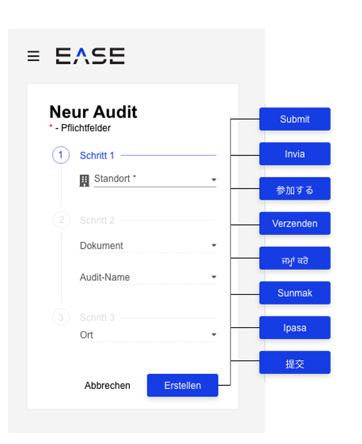 EASE Audits available in German, Spanish and other languages