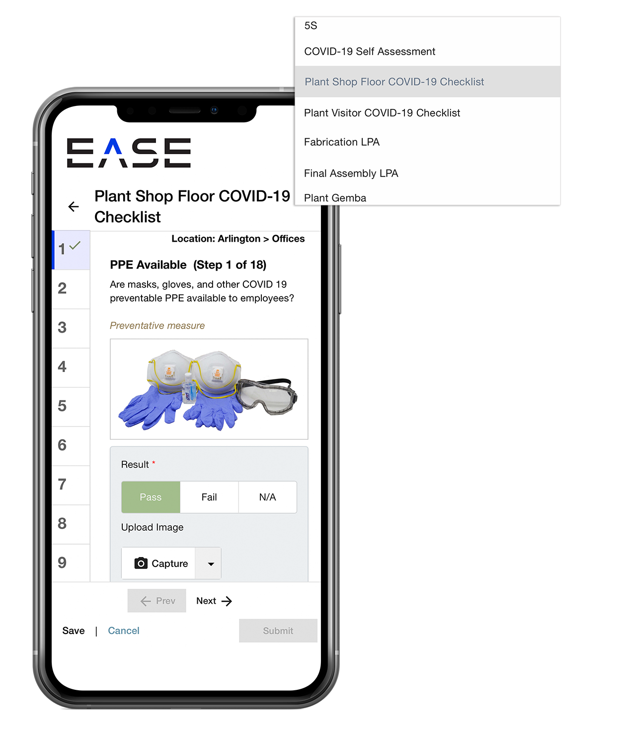 EASE COVID-19 Conduct Audit Phone Mockup with Window COVID-19 Audit on Smartphone