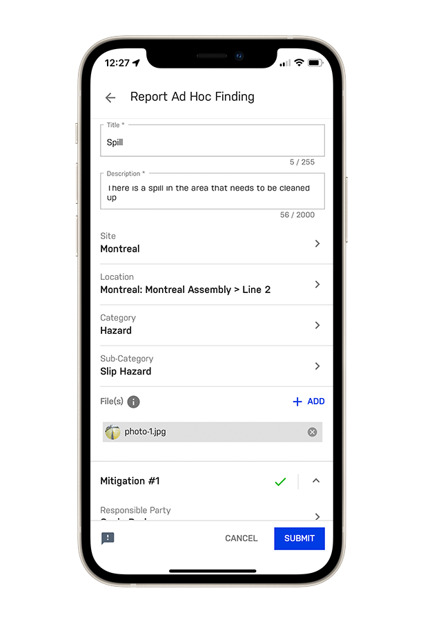 Mobile device displaying a safety observation being created in the EASE application